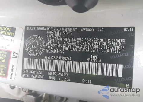 2013 Toyota Venza Base V6 z USA, uszkodzony, nr VIN 4T3BK3BB6DU094759